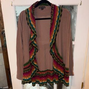 Double Zero Taupe Open-Front Cardigan Granny Square Ruffle Trim Small